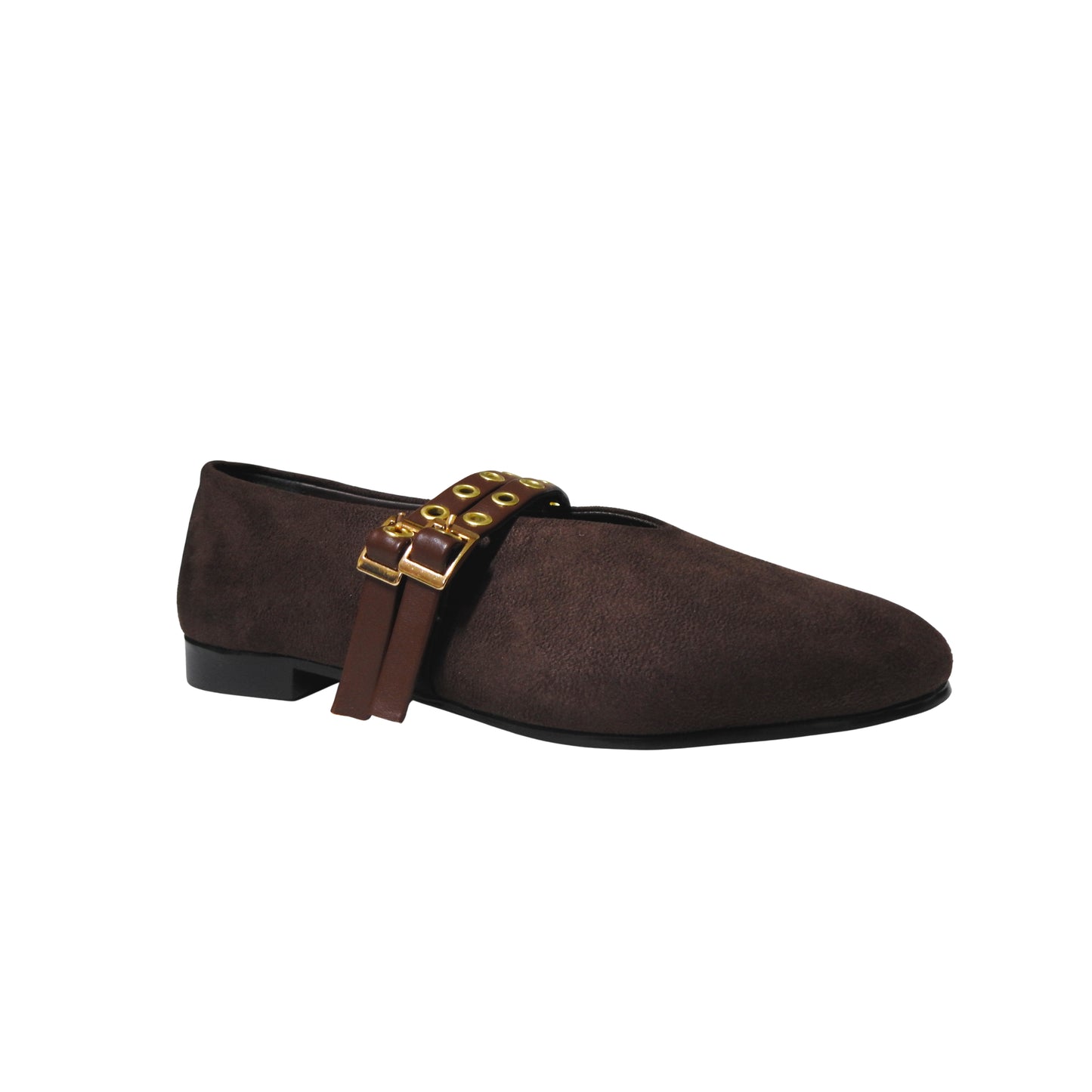 Dual Buckle Flats - Dark Brown suede