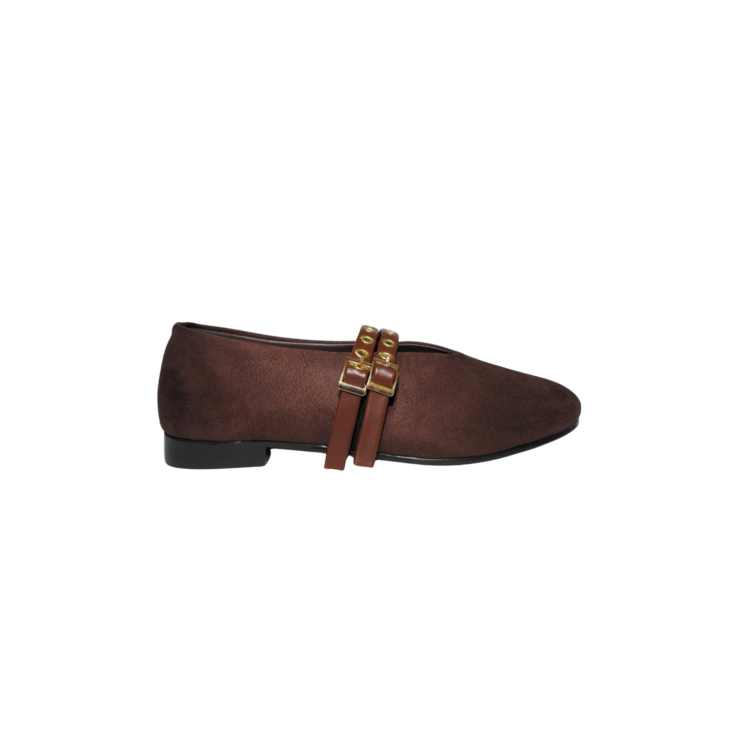 Dual Buckle Flats - Dark Brown suede