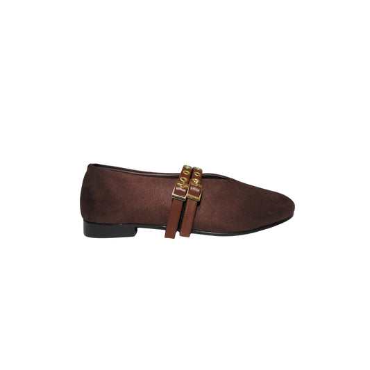 Dual Buckle Flats - Dark Brown suede