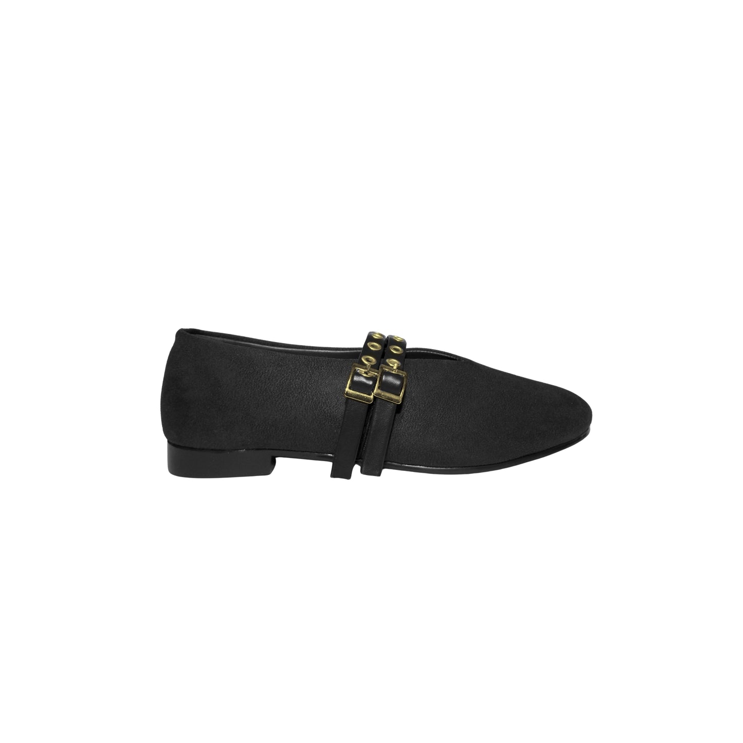 Dual Buckle Flats - Black suede